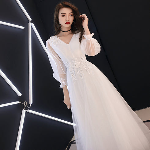 White Long Sleeves Tulle Simple Wedding Party Dress with Lace, A-line Formal Dress