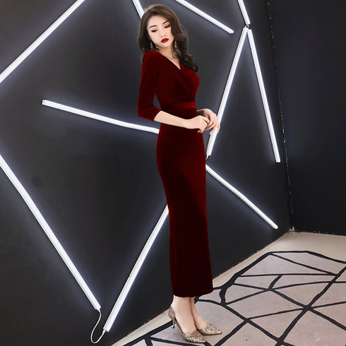 Elegant Mermaid Tea Length Wedding Party Dress, Velvet Burgundy Party Dress