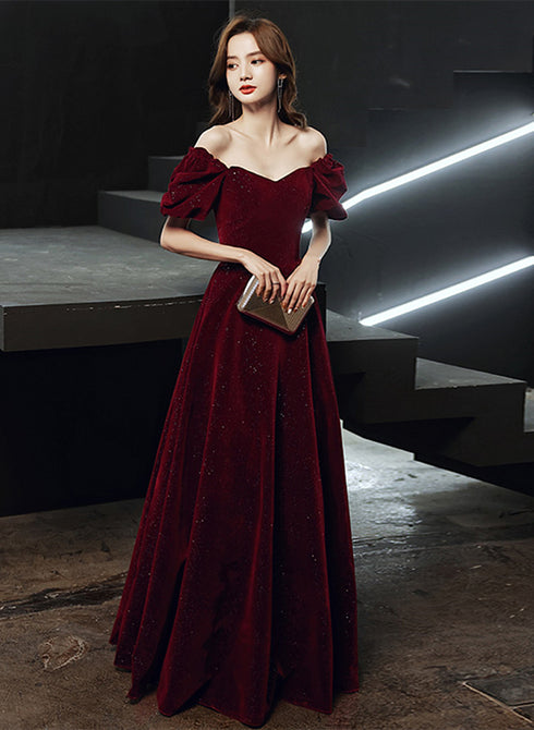 Wine Red Velvet Long Party Dress, Off Shoulder A-line Long Prom Dress