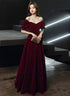 Wine Red Velvet Long Party Dress, Off Shoulder A-line Long Prom Dress