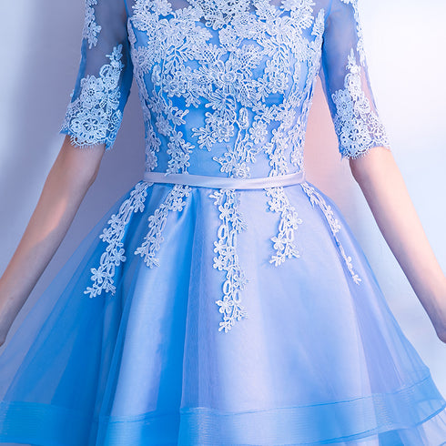 Blue High Low Tulle Party Dress , Cute Tulle Formal Dress with Lace Applique