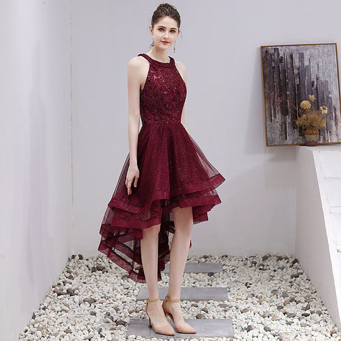 Beautiful Burgundy Halter High Low Tulle Lace Homecoming Dress, Short Party Dress Prom Dress