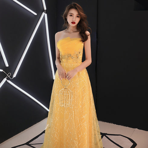 Unique Yellow Tulle Style Beaded Flowers Formal Gown, Yellow Long Prom Dress Party Dress