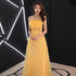 Unique Yellow Tulle Style Beaded Flowers Formal Gown, Yellow Long Prom Dress Party Dress