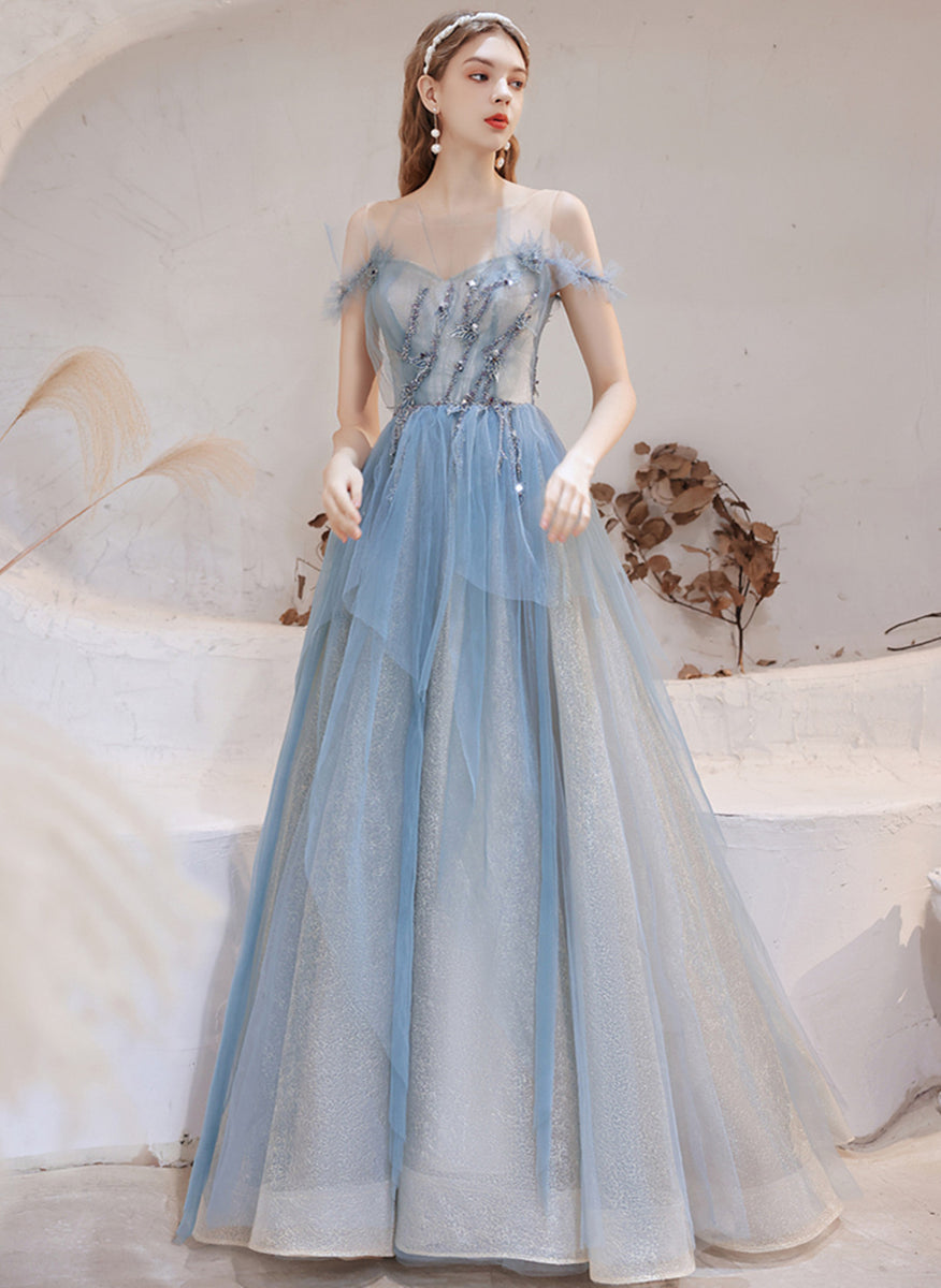 Beautiful Pretty Bue Beaded Off Shoulder Long Formal Dress Party Dress, Blue Evening Gowns