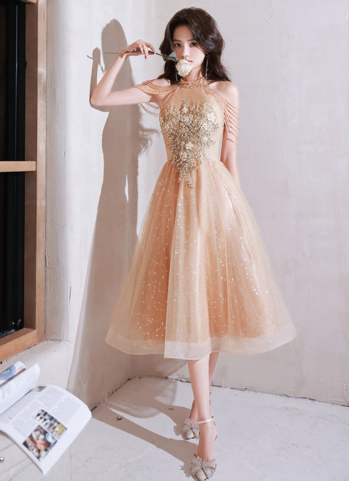 Champagne Halter Tea Length Shiny Tulle with Lace, A-line Short Prom Dress