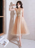 Champagne Halter Tea Length Shiny Tulle with Lace, A-line Short Prom Dress