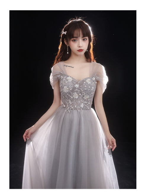 Light Grey Beaded Off Shoulder Tulle A-line Junior Prom Dress, Grey Long Evening Dress