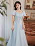 Light Blue Short Sleeves Beaded Tulle Long Party Dress, A-line Blue Formal Dresses