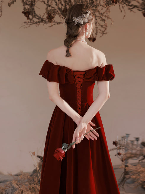 Wine Red Velvet Long Wedding Party Dresses, A-line Off Shoulder Junior Prom Dress