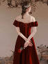 Wine Red Velvet Long Wedding Party Dresses, A-line Off Shoulder Junior Prom Dress