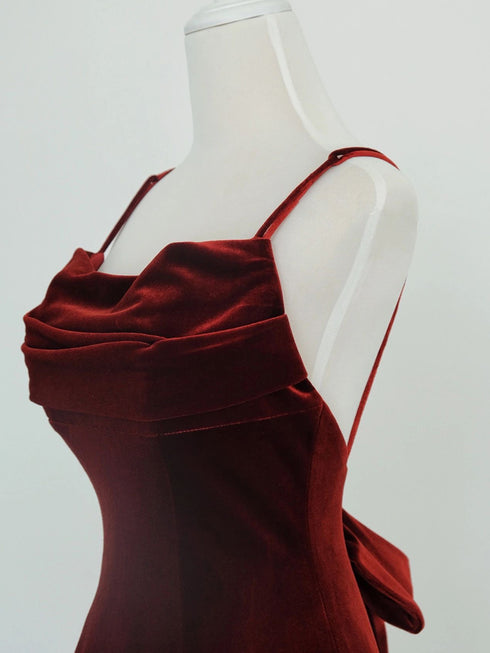 Wine Red Velvet Long Party Dress, Mermaid Open Back Long Prom Dress