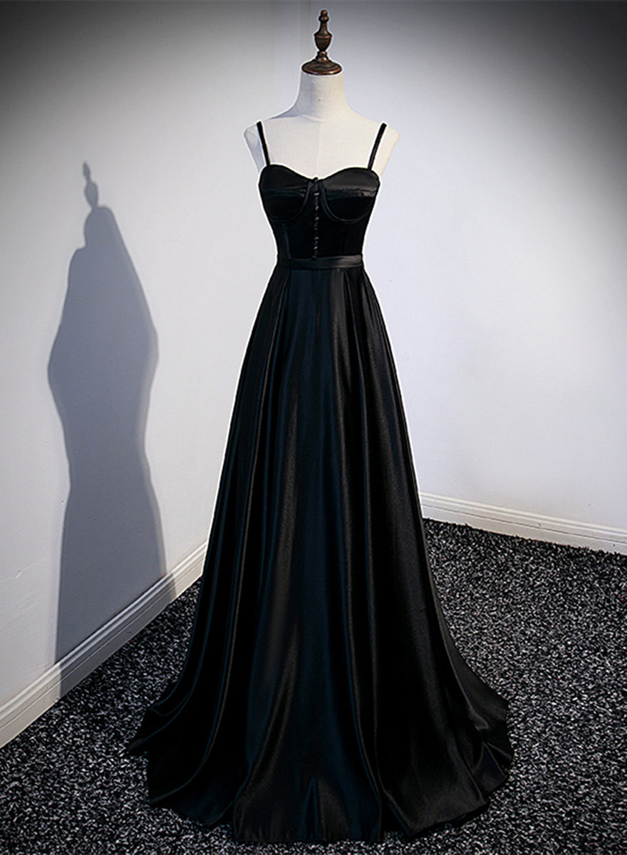 Black Satin Straps Long Party Dress, Black Sweetheart Long Evening Dre