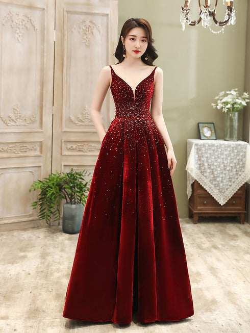Wine Red Velvet Straps Long Evening Dress, Floor Length Prom Dress, Paty Dress
