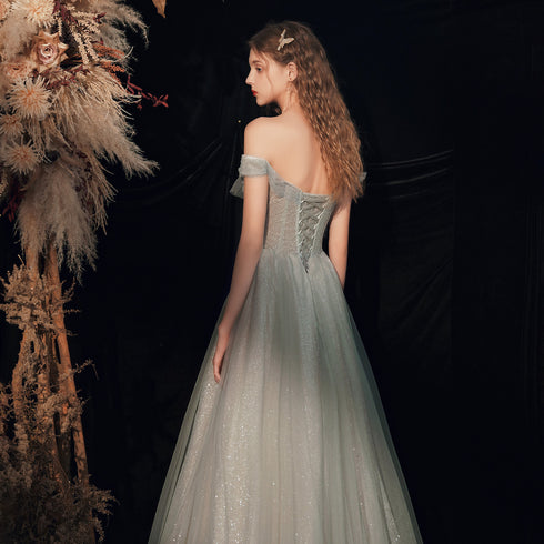 Off Shoulder Sweetheart Tulle Shiny Tulle Long Formal Dress, Floor Length Party Dresses
