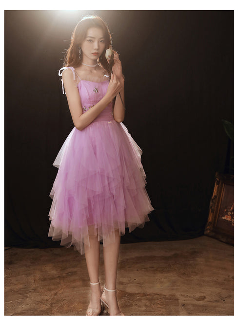 Lovely Light Purple Cute Tulle Straps Short Prom Dress, Purple Homecoming Dress