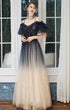 Navy Blue Straps Gradient Tulle Long A-line Prom Dress, Blue Evening Party Dress