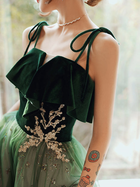 Beautiful Dark Green Straps Tulle with Velvet Party Dress, Green Evening Gown Prom Dress