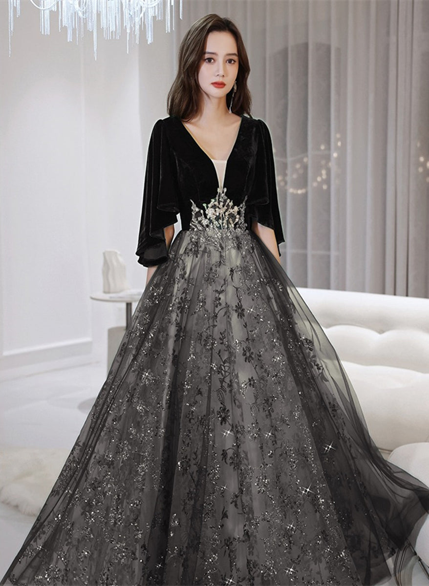 Gothic Black A-line Tulle Prom Dress,Elegant Black Party Dress Y1154