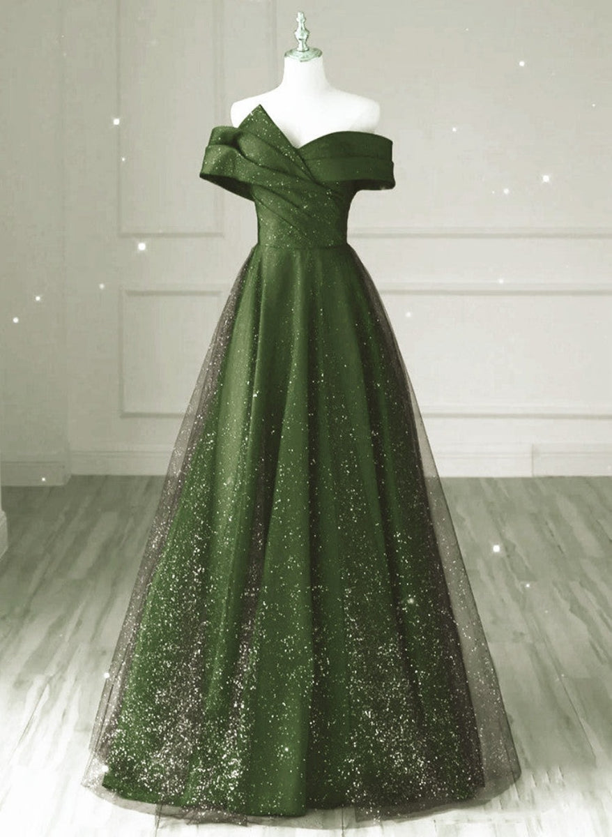 Dark Green and Black A-line Satin Long Party Dress, Simple Long Prom D