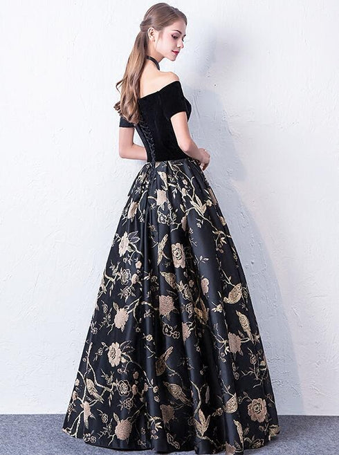 Off Shoulder Black Floral Floor Length Party Dress, A-line Satin Floral Long Prom Dress