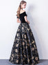 Off Shoulder Black Floral Floor Length Party Dress, A-line Satin Floral Long Prom Dress