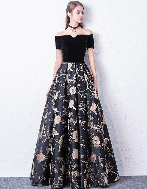 Off Shoulder Black Floral Floor Length Party Dress, A-line Satin Floral Long Prom Dress