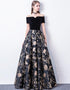 Off Shoulder Black Floral Floor Length Party Dress, A-line Satin Floral Long Prom Dress
