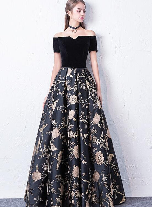 Off Shoulder Black Floral Floor Length Party Dress, A-line Satin Floral Long Prom Dress