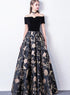 Off Shoulder Black Floral Floor Length Party Dress, A-line Satin Floral Long Prom Dress