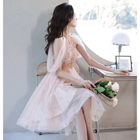 Off Shoulder Pink High Low Tulle with Beaded Homecoming Dress, Pink High Low Prom Dress Graduation Dress