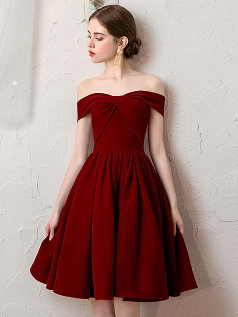 Wine Red Off Shoulder Velvet Homecoming Dresses, Burgundy Formal Short Prom Dress