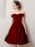 Wine Red Off Shoulder Velvet Homecoming Dresses, Burgundy Formal Short Prom Dress