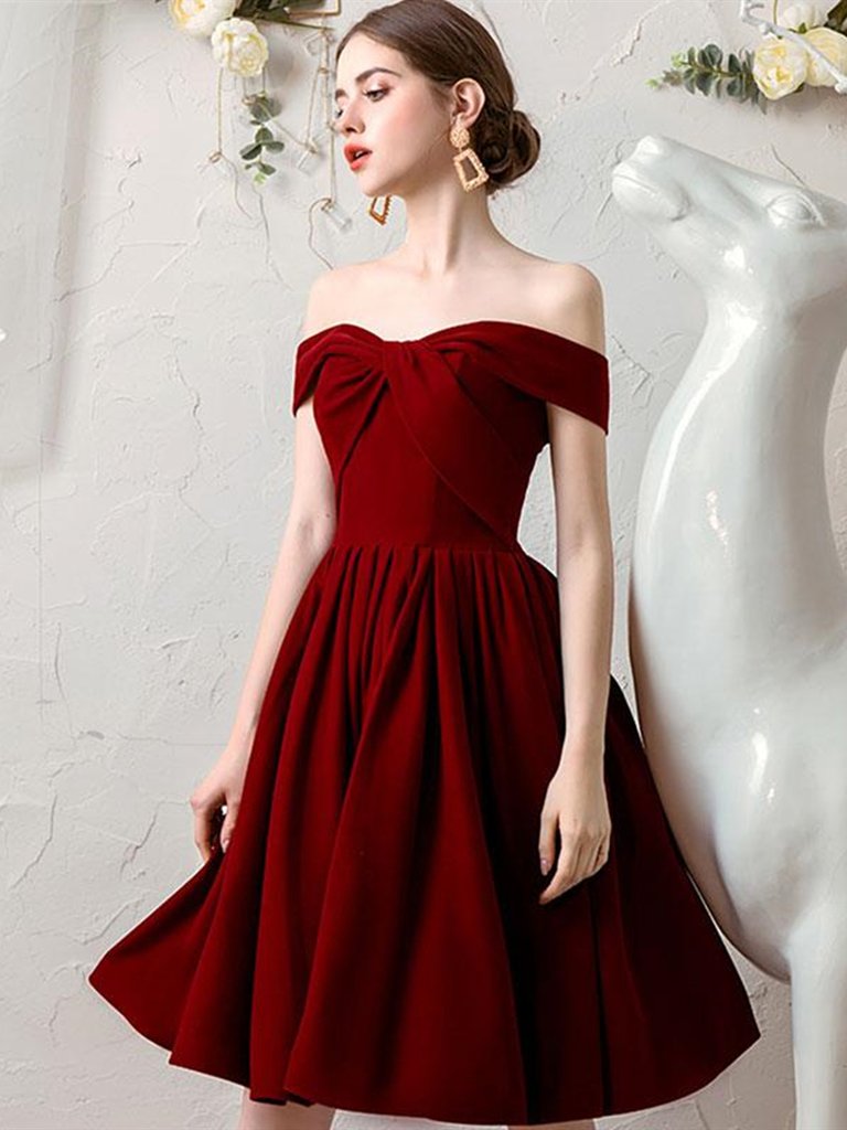 Wine Red Off Shoulder Velvet Homecoming Dresses, Burgundy Formal Short Prom Dress US Size 18w / Wine Red Wine Red Off Shoulder Velvet Homecoming Dresses, Burgundy Formal Short Prom Dress US Size 18w / Wine Red