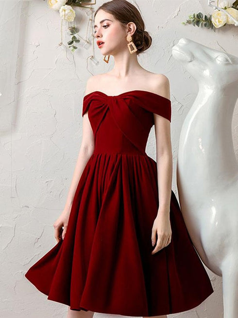 Wine Red Off Shoulder Velvet Homecoming Dresses, Burgundy Formal Short Prom Dress
