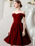 Wine Red Off Shoulder Velvet Homecoming Dresses, Burgundy Formal Short Prom Dress