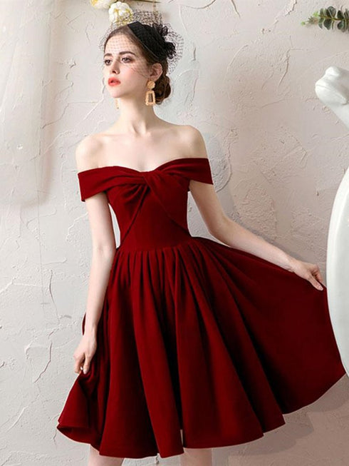 Wine Red Off Shoulder Velvet Homecoming Dresses, Burgundy Formal Short Prom Dress