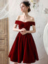 Wine Red Off Shoulder Velvet Homecoming Dresses, Burgundy Formal Short Prom Dress