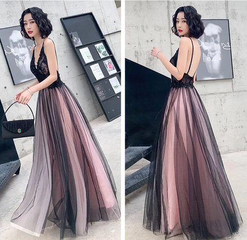 Pink and Black Stylish Tulle with Lace Long Formal Dresses, A-line Tulle Evening Dresses