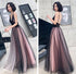 Pink and Black Stylish Tulle with Lace Long Formal Dresses, A-line Tulle Evening Dresses