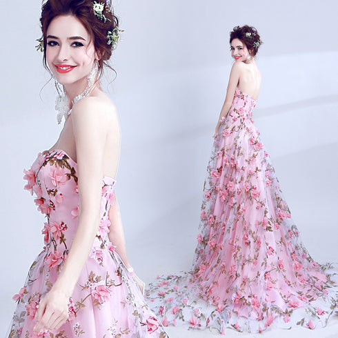 PinK Floral Sweetheart A-line Long Party Dress Formal Dress, Pink Lace Flowers Evening Dresses