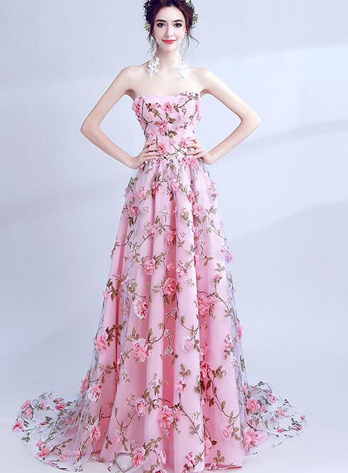 PinK Floral Sweetheart A-line Long Party Dress Formal Dress, Pink Lace Flowers Evening Dresses