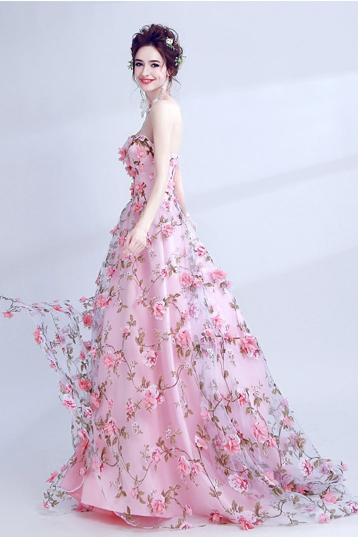 PinK Floral Sweetheart A-line Long Party Dress Formal Dress, Pink Lace