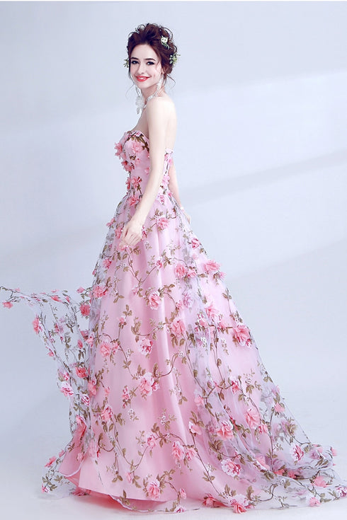 PinK Floral Sweetheart A-line Long Party Dress Formal Dress, Pink Lace Flowers Evening Dresses