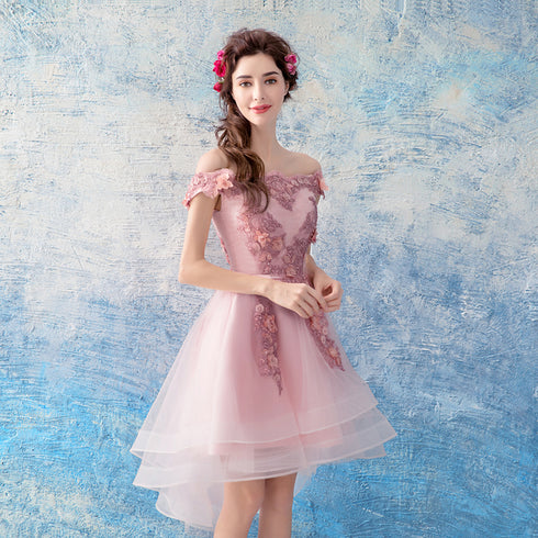 Pink Chic High Low Off Shoulder Party Dress with Lace Applique, Pink Homecoming Dress Prom Dress