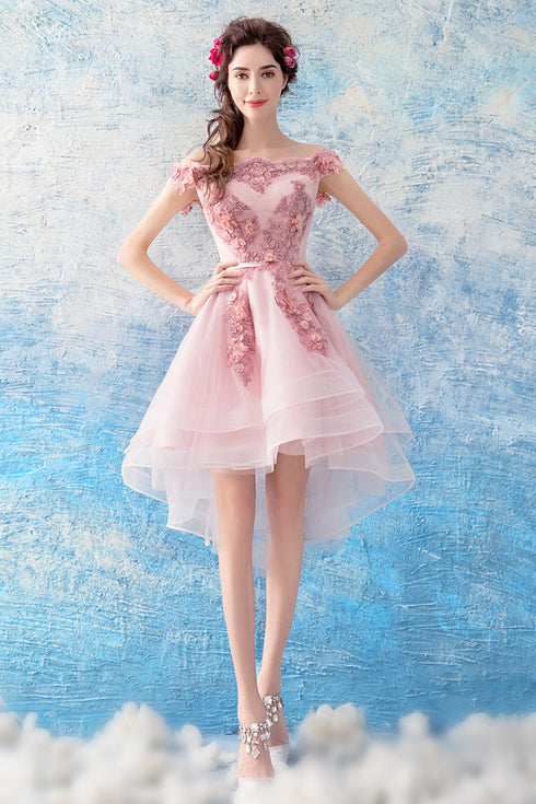 Pink Chic High Low Off Shoulder Party Dress with Lace Applique, Pink Homecoming Dress Prom Dress
