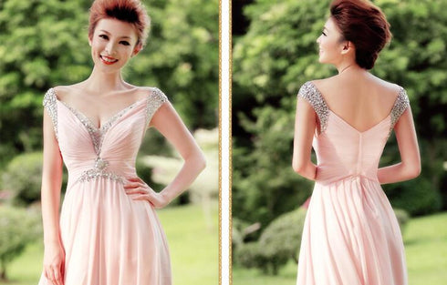 Pink Chiffon Beaded V-neckline Long Party Dress Prom Dress, A-line Chiffon Evening Dress Pink Formal Dress