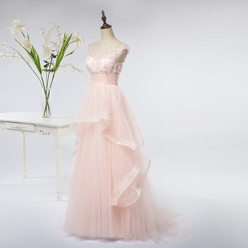Pink Elegant Tulle A-line Floor Length Wedding Party Dresses, Light Pink Gown