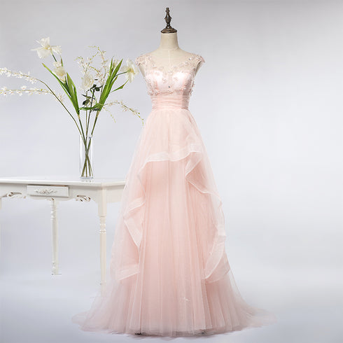 Pink Elegant Tulle A-line Floor Length Wedding Party Dresses, Light Pink Gown