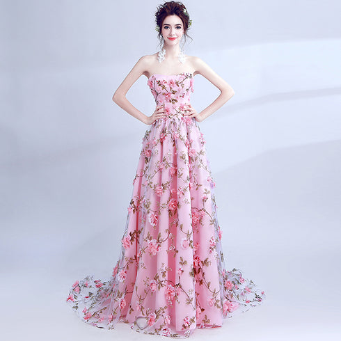 Pink Flowers Long Scoop A-line Lace-up Prom Dress, Long Party Dress Evening Dress